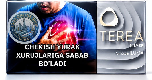 A rectangular product box or package design for Terea Silver, featuring a split layout: the left side shows a man in a blue shirt holding his chest with a glowing red heart graphic and text in Azerbaijani, while the right side shows the Terea Silver logo and branding on a silver gradient background. A circular '1000 Oni Online Shop Dubai' logo appears on the left.