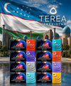 A promotional graphic for Terea Uzbekistan featuring a large Uzbek flag and mosque skyline in the background, with a grid of multiple Terea shirt color options displayed in the foreground. The shirts shown come in blue, red, orange, purple, gray, teal, and yellow colorways, each with a graphic design and the text 'CHEKSHI O'QAR XURULG'ARSA SABAB BO'LDI' and 'TEREA'.