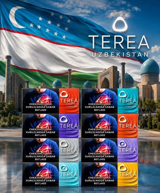 A promotional graphic for Terea Uzbekistan featuring a large Uzbek flag and mosque skyline in the background, with a grid of multiple Terea shirt color options displayed in the foreground. The shirts shown come in blue, red, orange, purple, gray, teal, and yellow colorways, each with a graphic design and the text 'CHEKSHI O'QAR XURULG'ARSA SABAB BO'LDI' and 'TEREA'.
