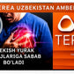 Product packaging for 'Terea Uzbekistan Amber' (Chekish Yurak Xurujlarga Sabab Bo'Ladi) by iQos iLuma. The box features a split design: a dark side showing a man holding his chest with a glowing pink heart graphic, and an orange side with the product name and logo.