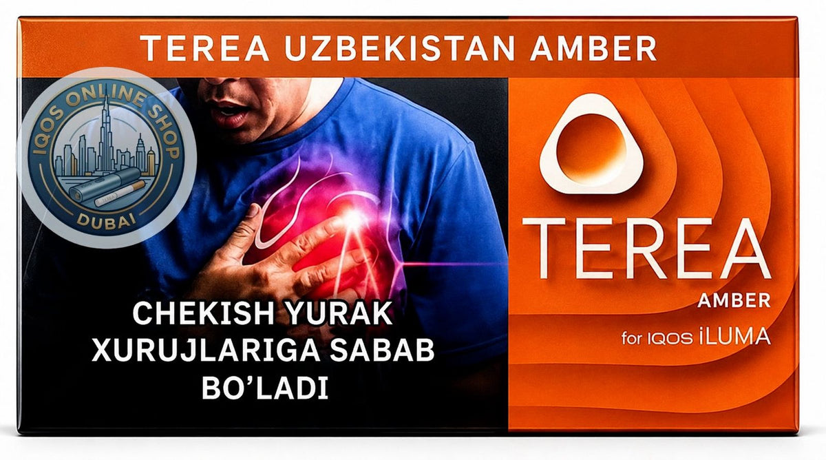 Product packaging for 'Terea Uzbekistan Amber' (Chekish Yurak Xurujlarga Sabab Bo'Ladi) by iQos iLuma. The box features a split design: a dark side showing a man holding his chest with a glowing pink heart graphic, and an orange side with the product name and logo.