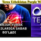 A promotional graphic for Terea Purple Wave, showing a split design with a man clutching his chest on the left and a purple product box on the right. Text in Uzbek reads 'Terea Uzbekistan Purple Wave' at the top and 'Chekish Yurak Xurujlariga Sabab Bo'ladı' on the lower left.