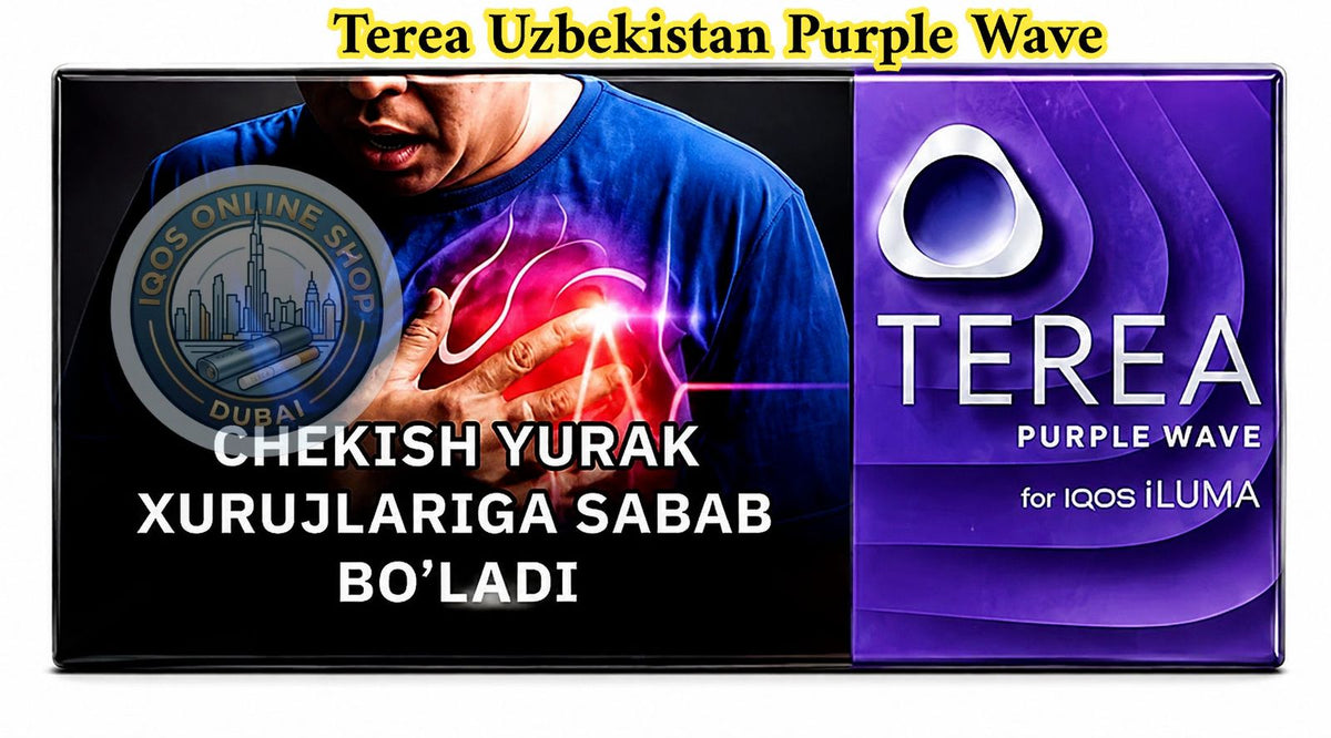 A promotional graphic for Terea Purple Wave, showing a split design with a man clutching his chest on the left and a purple product box on the right. Text in Uzbek reads 'Terea Uzbekistan Purple Wave' at the top and 'Chekish Yurak Xurujlariga Sabab Bo'ladı' on the lower left.