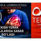 A rectangular product box for Terea Uzbekistan Summer Waver, featuring a split design with a dark blue left side showing a man clutching his chest with glowing red heart graphics and white text, and a bright red right side with the Terea logo and product name.