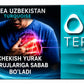 A rectangular product box or packaging panel with a split design. The left side shows a man in a blue shirt holding his chest with a glowing red heart graphic, with text in Uzbek and English.