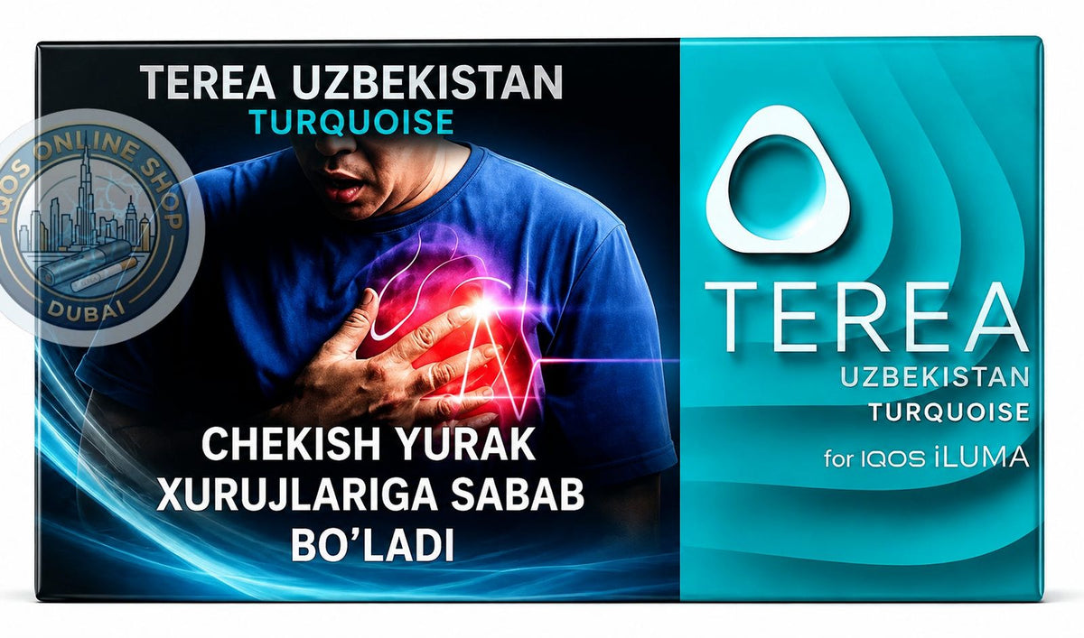 A rectangular product box or packaging panel with a split design. The left side shows a man in a blue shirt holding his chest with a glowing red heart graphic, with text in Uzbek and English.
