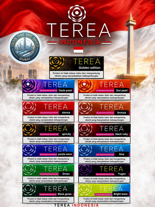 A promotional graphic for TERA Indonesia showing multiple TERA oil vape flavor options arranged in a grid beneath a large TERA logo and Indonesian flag. The image includes flavor labels such as Oza pearl, Sun pearl, sierra, bronze, apricity, black ruby, purple wave, blue, Green, Yugen, and Straight wave, along with city and monument imagery in the background.