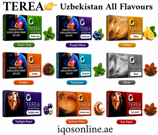 Various boxes of Terea with different flavors and colors on a white background.