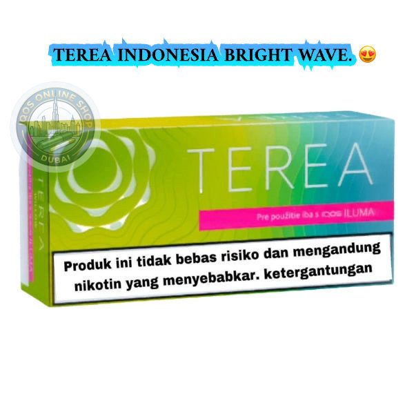 A box of Terea Bright Wave pre-rolled tobacco sticks on a white background, featuring a green-to-blue gradient design with a pink band and a prominent health warning label in Indonesian.