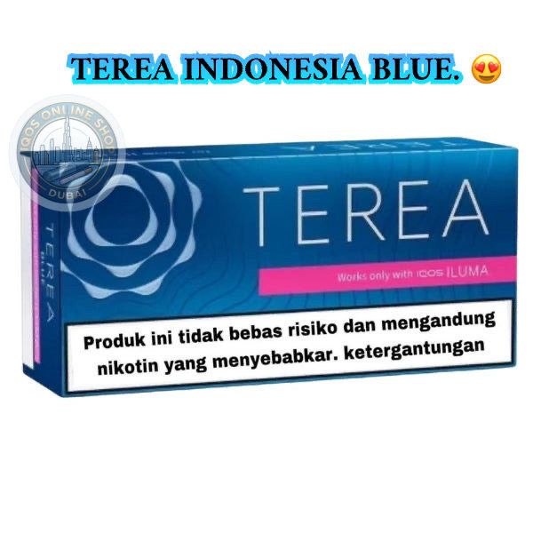 A blue Terea Indonesia Blue cigarette pack box with a pink accent band and a large health warning label on the front, shown on a white background with 'TEREA INDONESIA BLUE.' text above.