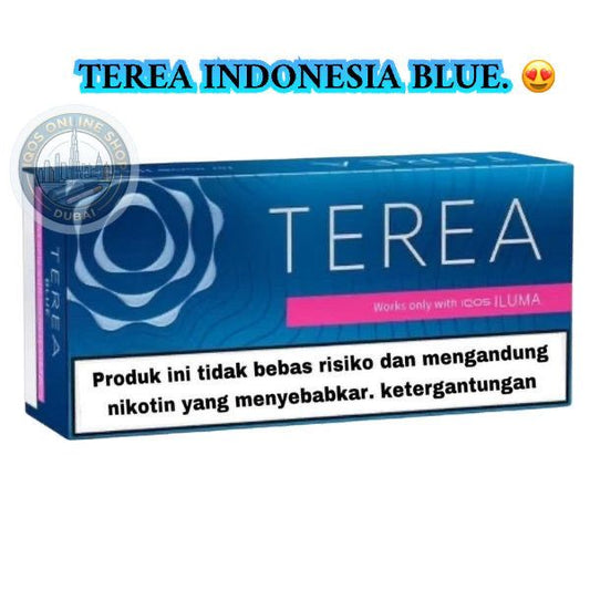 A blue Terea Indonesia Blue cigarette pack box with a pink accent band and a large health warning label on the front, shown on a white background with 'TEREA INDONESIA BLUE.' text above.