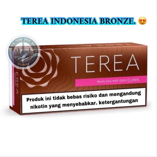 A box of Terea Indonesia Bronze nicotine pouches, featuring a brown and pink design with a prominent health warning label on the front. The image includes a blue text overlay at the top and a circular logo for 'IDG Online Shop Dubai' on the left.