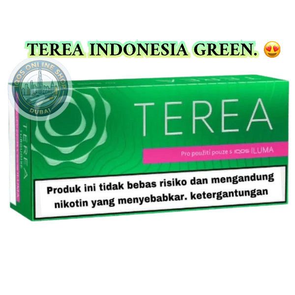 A green Terea Indonesia Green product box with white lettering, a pink band, and a warning label on a white background. Text above reads 'TEREA INDONESIA GREEN.