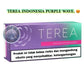 A purple and teal Terea Indonesia Purple Wave cigarette pack with a prominent health warning label on the front, set against a plain white background with a green text header.