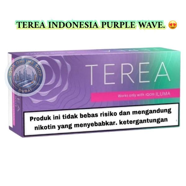 A purple and teal Terea Indonesia Purple Wave cigarette pack with a prominent health warning label on the front, set against a plain white background with a green text header.