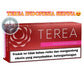 A red Terea cigarette pack box shown on a white background, with a pink band reading 'Works only with iQOS ILUMA' and a large health warning panel at the bottom. A circular 'Los Online System Dubai' watermark appears on the left, and yellow text at the top reads 'TEREA INDONESIA SEINNA'.