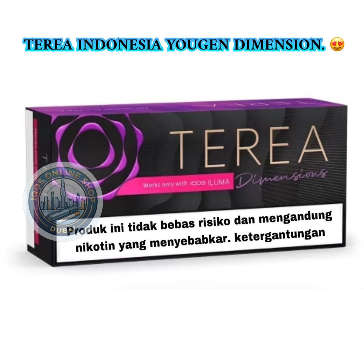 A box of Terea Indonesia Yougen Dimension nicotine pouches, featuring a black and purple design with a prominent purple rose graphic and a white warning label on the front.