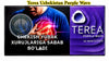 A promotional graphic for Terea Purple Wave, showing a split design with a man clutching his chest on the left and a purple product box on the right. Text in Uzbek reads 'Terea Uzbekistan Purple Wave' at the top and 'Chekish Yurak Xurujlariga Sabab Bo'ladı' on the lower left.
