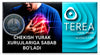 Promotional graphic for Terea Tidal Pearl, showing a man clutching his chest with a glowing red heart illustration, alongside the text 'CHEKISH YURAK XURUJLARIGA SABAB BO'LADI' and the Terea branding on a blue background.