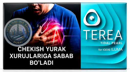 Promotional graphic for Terea Tidal Pearl, showing a man clutching his chest with a glowing red heart illustration, alongside the text 'CHEKISH YURAK XURUJLARIGA SABAB BO'LADI' and the Terea branding on a blue background.