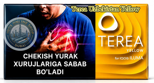 A rectangular product package or label for Terea Yellow, split into two main sections: the left side is black with a photo of a man clutching his chest and text in Uzbek, while the right side is bright yellow with the Terea logo and text. A circular 'IQOS Online Shop Dubai' mark appears on the left.