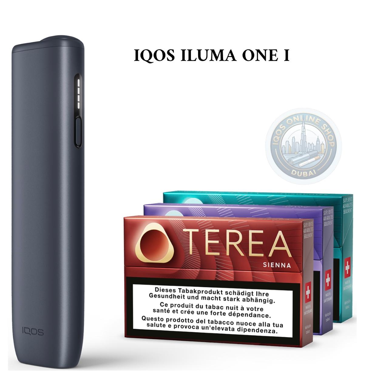 IQOS ILUMA ONE I device with Terea Sienna tobacco packs on a white background
