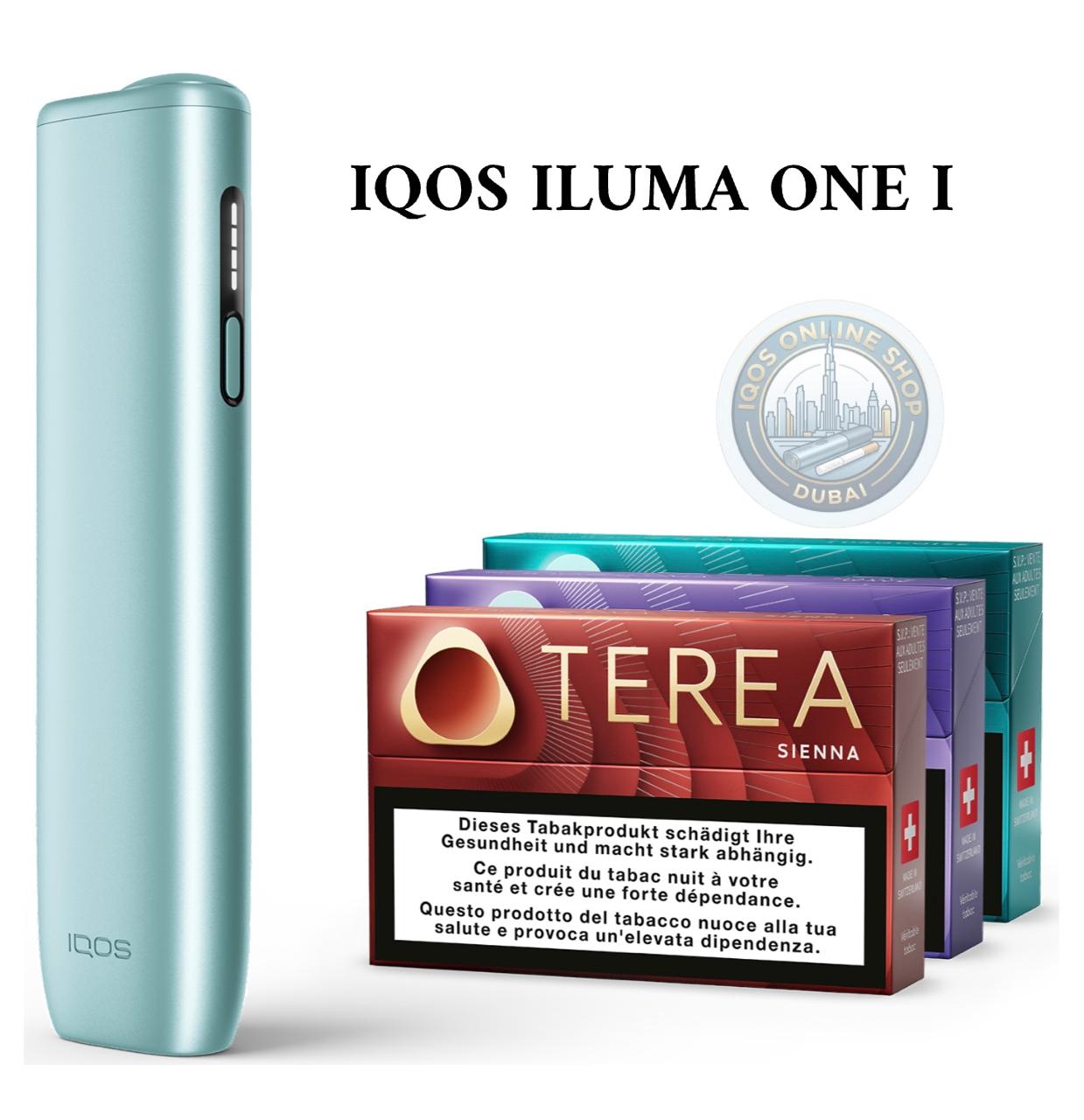 IQOS ILUMA ONE I device with Oterea Sienna tobacco packages on a white background