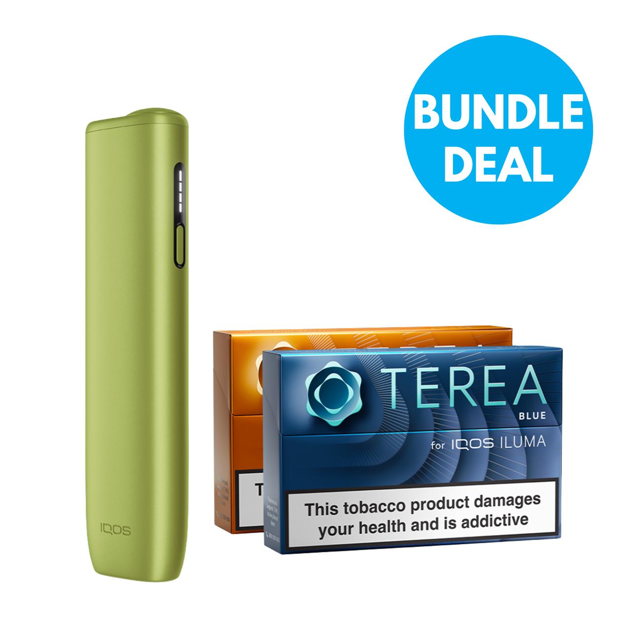 Green IQOS device with Terea Blue packaging on a white background, featuring a 'Bundle Deal' label.