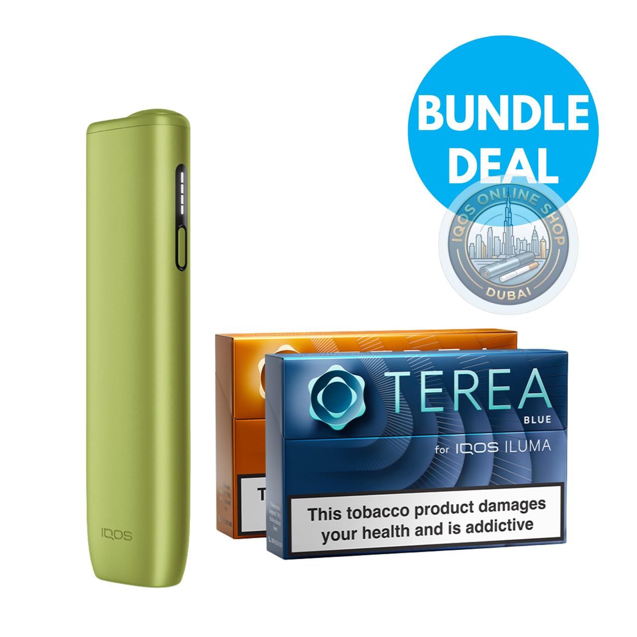 Green IQOS device with Terea Blue packaging and 'Bundle Deal' badge on a white background